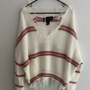 Polly & Esther V-Neck Sweater - Cream and Brown Stripes